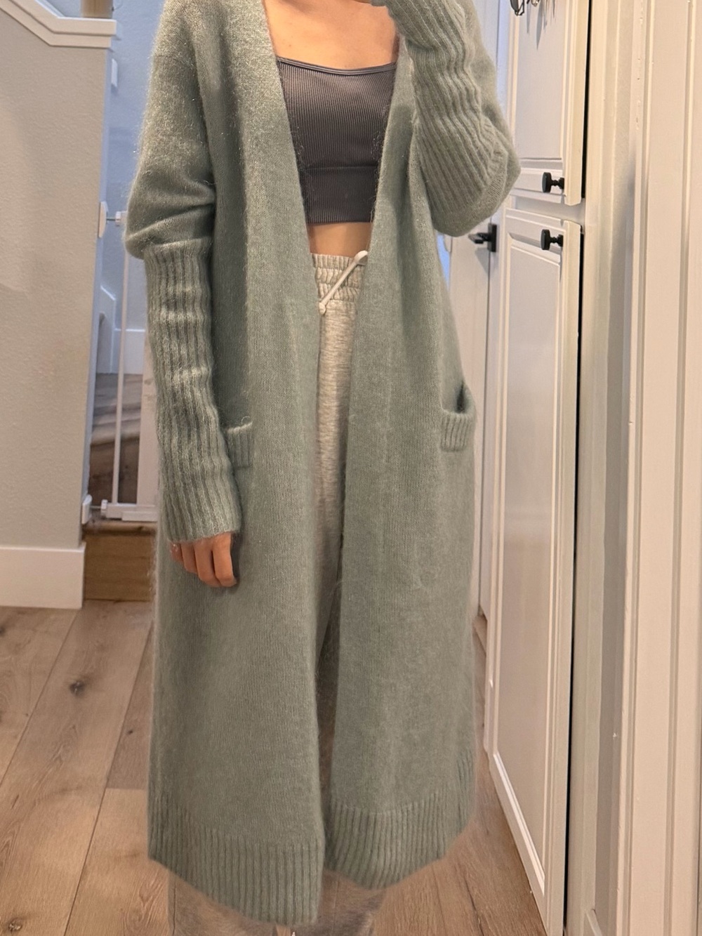 Acne Long Open-Front Cardigan in Sage Green